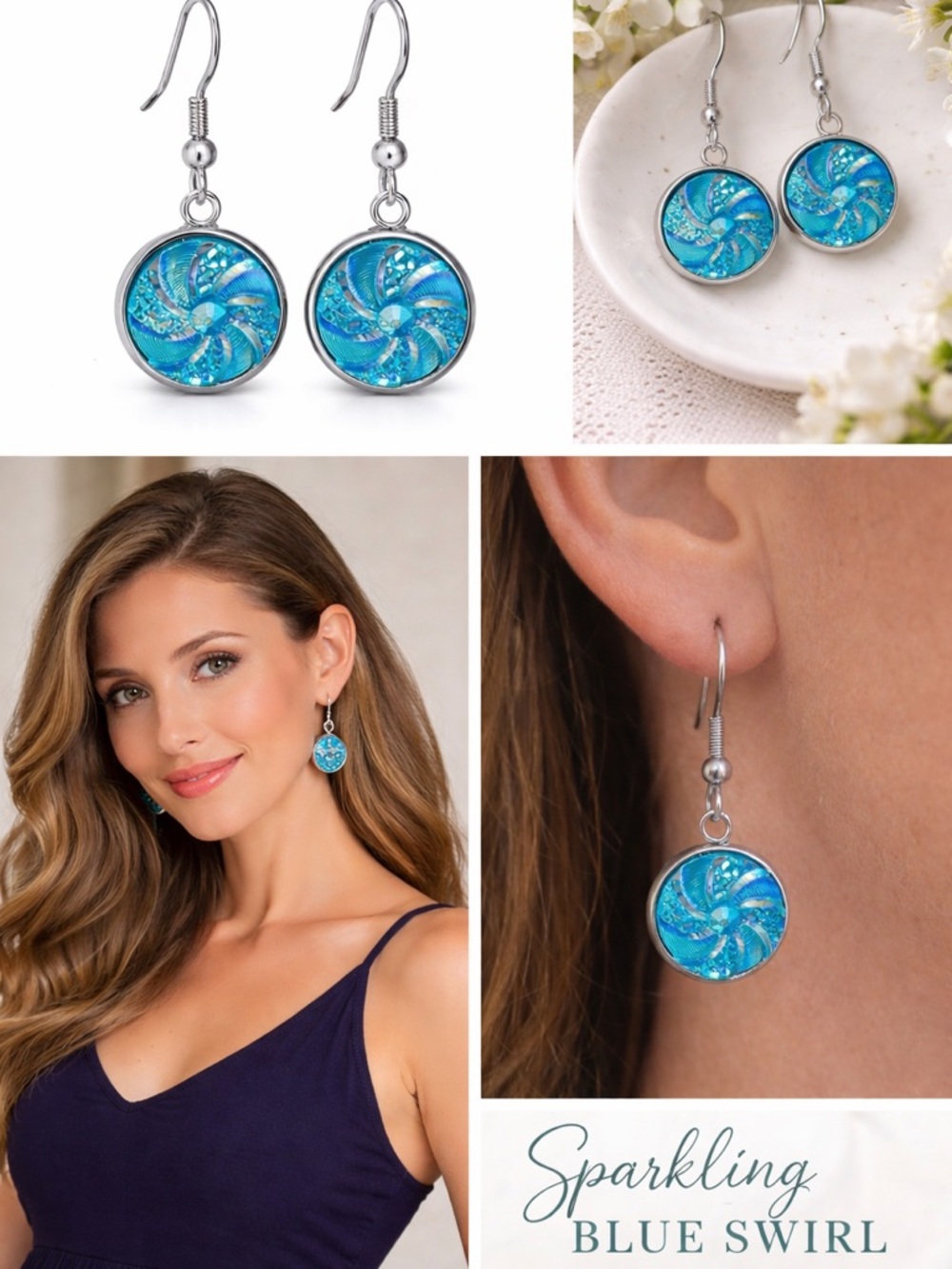 Handmade stainless steel Sparkling Blue Swirl Drop Earrings - Silver Tone